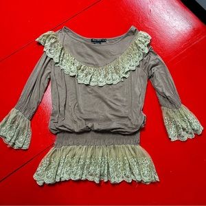 URBAN MANGO TAN TOP LACE TRIM ACCENT ELASTIC WAIST